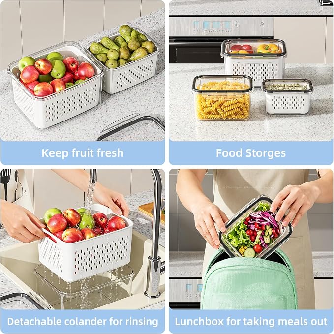 Fruit Storage Container for Fridge with Removable Colander, 8 Pack | Leakproof Produce Containers for Fridge, Airtight Food Storage Container, Keep Fruit, Veggies, Berry, Salad Fresh Longer