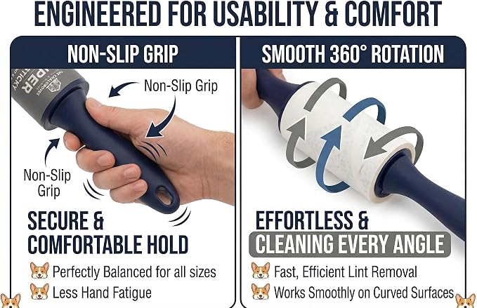 Extra Sticky Lint Roller, 6-Pack 600 Sheets, Pet Hair | Extra Sticky | Cat & Dog Hair | Straight-Cut Sheets | Navy Ergonomic Handles | Clothes | Car Seats | 6 Complete Rollers