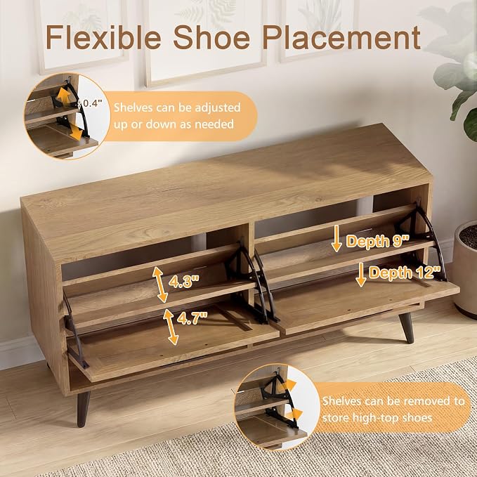 GOFLAME Rattan Shoe Storage Cabinet with 2 Flip Drawers, Hidden Shoe Storage Organizer with Adjustable Shelves and Metal Legs, Freestanding Boho Narrow Shoe Rack for Entryway and Living Room