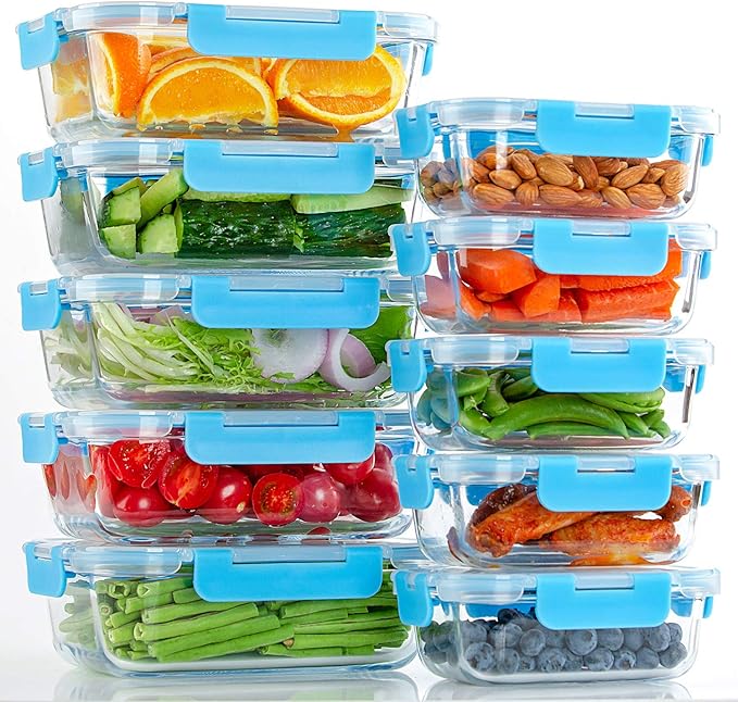 C CREST Glass Meal Prep Containers, [10 Pack] Glass Food Storage Containers with Lids, Airtight Bento Boxes, BPA Free & Leak Proof (10 Lids & 10 Containers)
