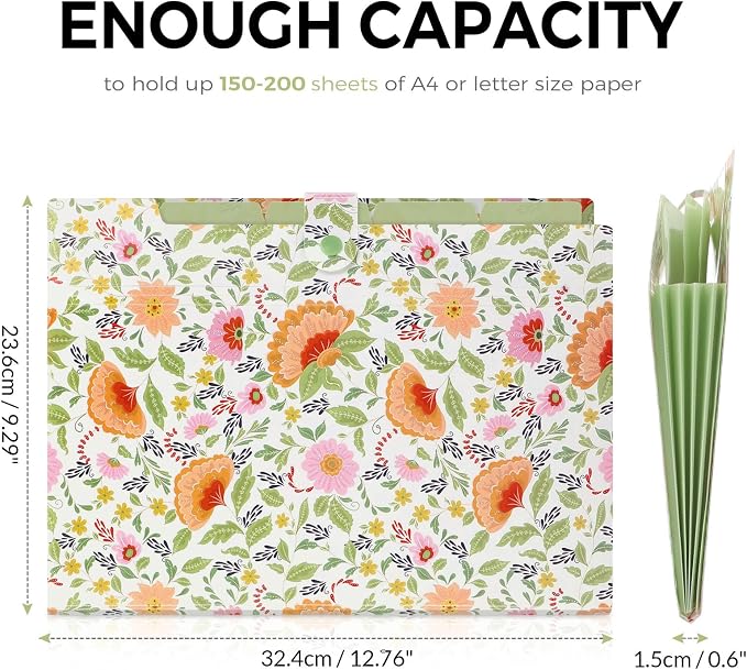 SKYDUE Accordion File Organizer, Floral Expanding File Folders with 5 Pockets, Cute Document Organizer for Paper Bills Receipt Storage, School Office & Hospital Supplies Letter/A4 Size Pea Green