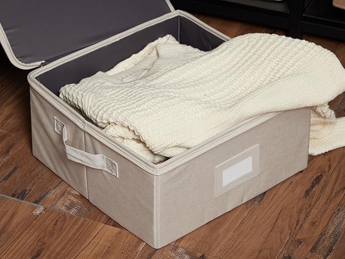 Covermates Keepsakes Zip-Top Storage Box Set, 3 Pack Heavy Duty Polyester Organizer Bins, Stackable Design, ID Window, Reinforced Handles, Closet Home Storage, Beige Heather