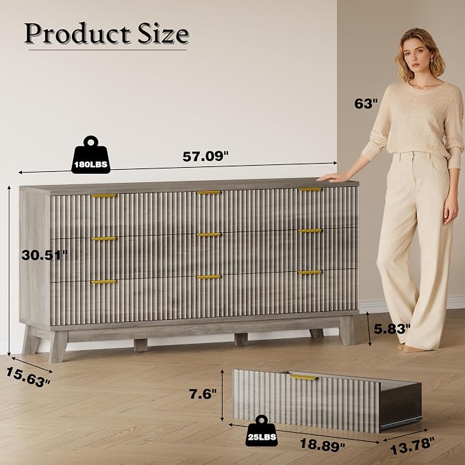 BORNOON Fluted 9 Drawer Dresser, 57.1" Wide Modern Boho Chest of Drawers, Wooden Storage Dresser TV Stand for Bedroom, Living Room, Closet, Hallway, Curved Profile Design