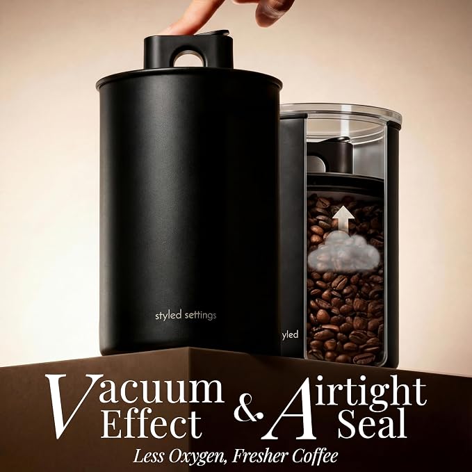 STYLED SETTINGS Coffee Bean Storage Container Set, 2-Piece, Black | Stainless Steel, BPA Free, Food Grade, Airtight, Vacuum Effect, Dual Lid