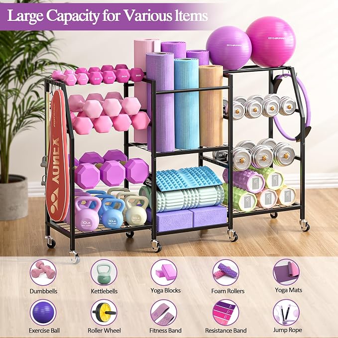 Dumbbell Rack, Yoga Mat Storage Rack, Home Gym Storage Rack for Kettlebells, Exercise Equipment Storage with Wheels and Hooks, All in One Home Gym Equipment Organizer
