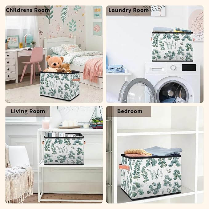 Green Eucalyptus Leaves Closet Storage Bin, Foldable Storage Baskets for Shelves, Decorative Shelf Organizer Eucalyptus Leaves Fabric Cube Bin for Living Room Bedroom Home Dorm