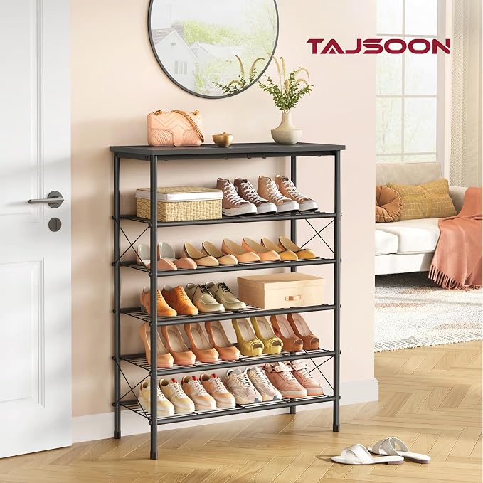Tajsoon 6 Tier Shoe Rack for 20-24 Pairs of Shoes, Black | X Shape Fixed Frame, Metal Mesh Shoe Shelf, Industrial, For Closet, For Entryway Shoe Storage