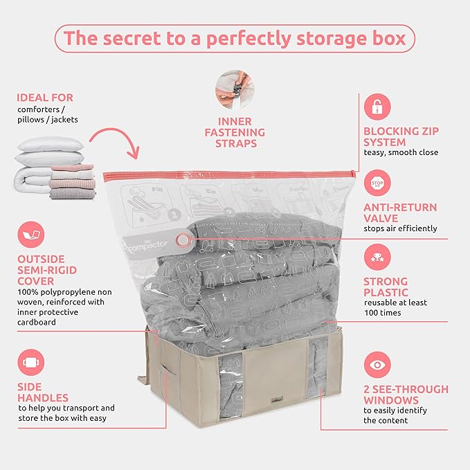 Compactor Vacuum Storage Bag with Semi-Rigid Structured Box, Polypropylene & Nylon Vacuum Storage Bags, Vacuum Seal Bags for Clothing and Bedding, Closet Organizer (Beige, XX-Large)