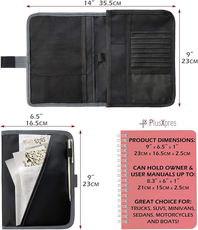 PlusXpres Glove Box Compartment Organizer - Car Document Holder - Gray | Owner Manual Case Pouch, Vehicle Storage Wallet for Registration and Insurance Card, Auto Paperwork Holder, Log Book included