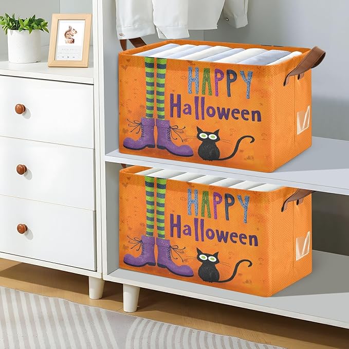 Happy Halloween Witch and Cat Storage Basket Foldable Cube Storage Bins with Handles&Label Waterproof Collapsible Organizer Box Bin Large Rectangle Decorative Baskets for Shelves Home Room Laundry