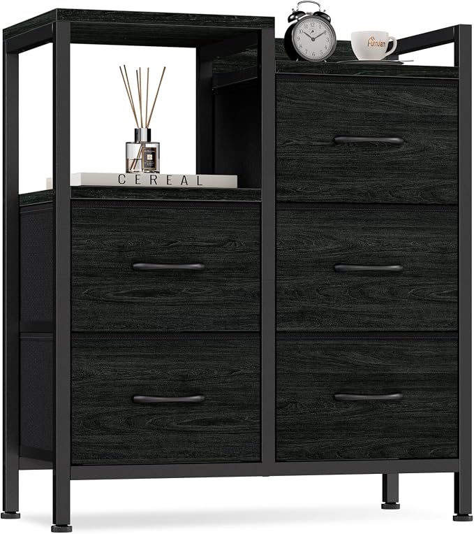 Furnulem Black Dresser for Bedroom, 5 Drawer Small Fabric Closet Dresser | Small Chest of Drawers, Storage Cabinet Organizer with 2 Tier Shelf, Drawer Units with Metal Frame, Dresser for Dorm, Hallway
