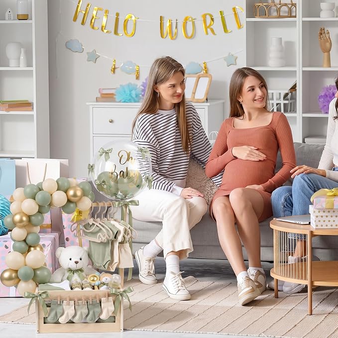 Wooden Baby Shower Crate Closet with Hanger Rack, Green Bow Baby Gifts Basket with Balloon Accessories, DIY Babies Welcome Box for Pregnancy New Parent