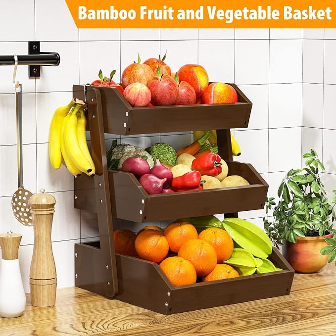 Gmtsl Bamboo Fruit Basket for Kitchen, Fruit Holder for Kitchen Countertop | 3 Tier Fruit bowl for Kitchen Counter, Fruit Stand, Vegetable Basket Storage, Produce Organizer, Bread Snack Display(WALNUT)