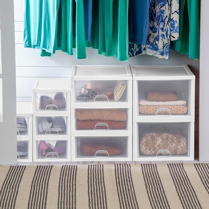 Sterilite 12-Pack 27 Quart Stacking Drawer, Clear Storage Closet Organizer, White Frame - Stackable Modular Plastic Drawers for Clothes, Accessories, Craft Supplies, Shoes or Linens