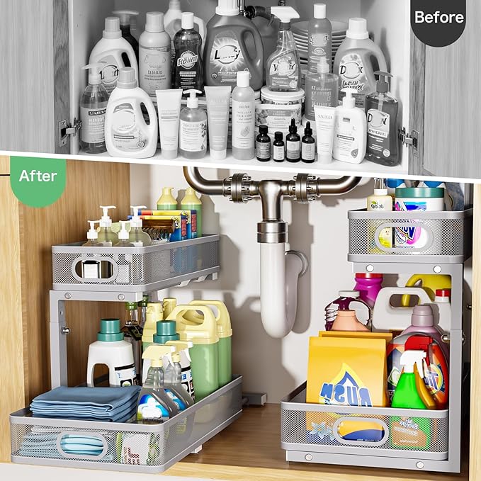 Under Sink Organizer, High Adjustable 2 Tier Under Sink Organizers and Storage, Slide out Metal Cabinet Organizers, Pull out Storage Drawer Shelf for Kitchen Bathroom Cabinet (1, Gray)