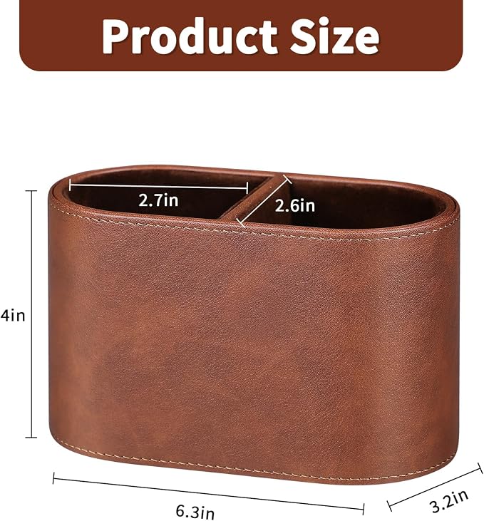 Pen Holder for Desk, Small Remote Control Holder, Brown | 2-Compartment Oval Pencil Cup with Soft Velvet Lining, PU Leather Desktop Organizer Caddy for Home School Office Desk