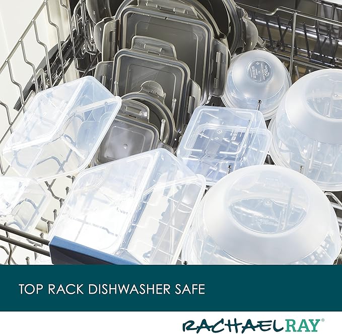 Rachael Ray Leak-Proof Nestable Container Food Storage Bin Set, 10-Piece, Clear with Gray Lids