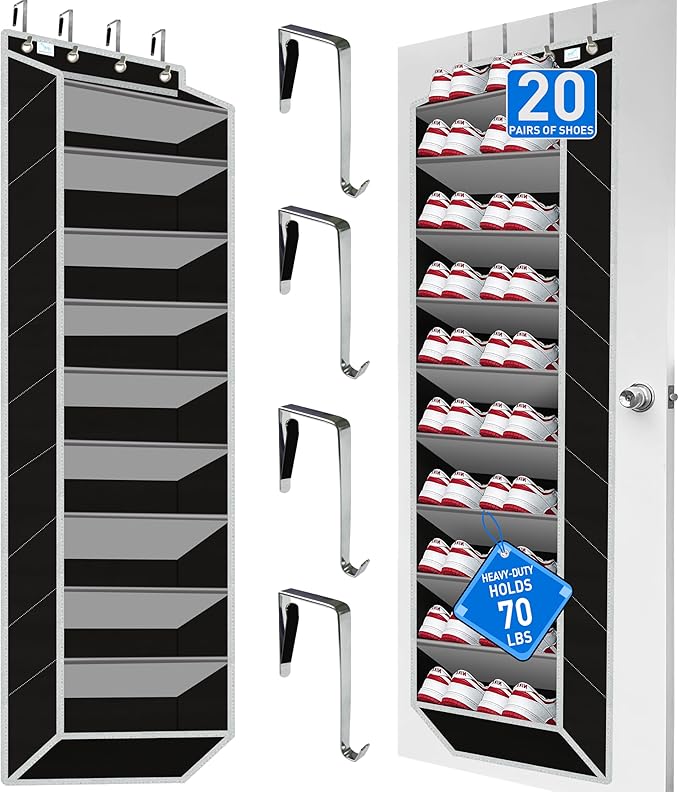 Over the Door Shoe Organizer, Large Shoe Rack for Door 10 Tiers, Heavy Duty Metal Hanging Hook for Shoe Storage, Space Saving Shoe Holder Fits All Family Heels Boots Sneakers - Grey