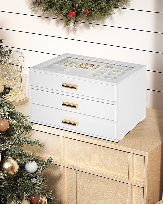 AKOZLIN Jewelry Box with Clear Lid Functional Leather Jewelry Storage Organizer Case 3 Drawers for Women Girls Necklace Ring Bracelet Earring