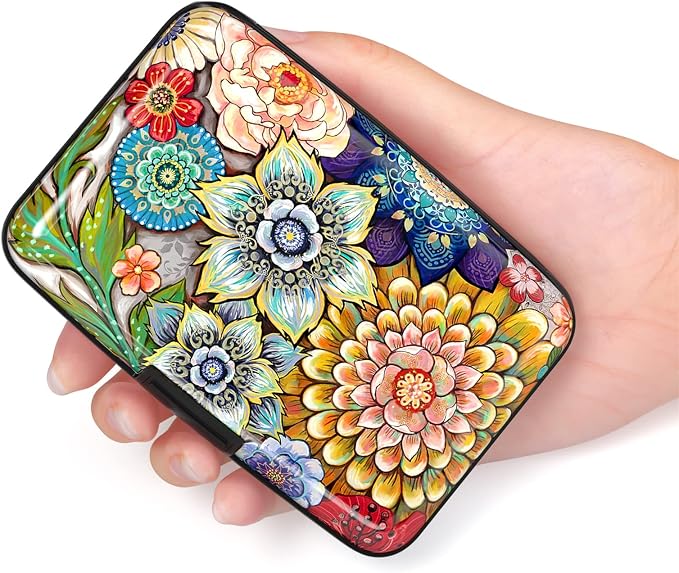 Credit Card Holder for Women, Small RFID Metal Credit Cards Wallets Cute Business Card Holder Pocket ID Case, Mandala Flower