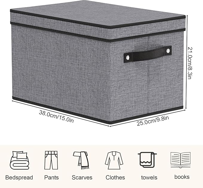 Foldable Storage Bins with Lids, 15 x 9.8 x 8.3 Inch Storage Boxes with Handles, Fabric Closet Organizers for Wardrobe, Gray, 3-Pack