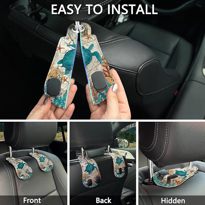 Blusabaca 2PCS Car Seat Headrest Hooks, Purses Bags Holder, Sea Turtle | PU Leather, Double Metal Back Storage Hangers for Grocery Bags Handbags Bottles Coats Phones, Car Accessories Organization