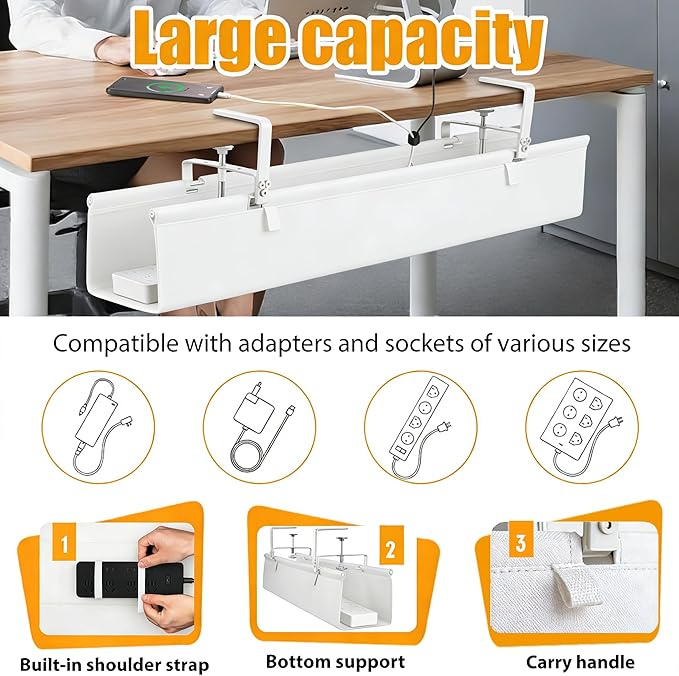 Oxford Cloth Under Desk Cable Management Tray,No-Drill 36" Desk Cable Management Organizer with Clip/Screw Installation,Fabric Cable Management for Home,Office & Gaming Computer(White)