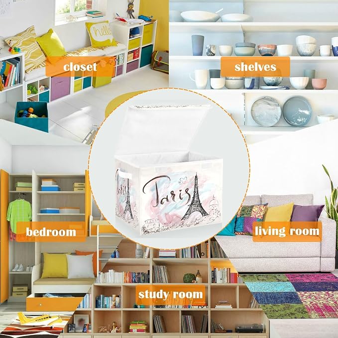 CaTaKu Large Fabric Storage Bins With Lids,Vintage Eiffel Tower Paris Storage Boxes With Handles for Organizing Clothes, Collapsible Decorative Storage Cube Bins Baskets for Shelves