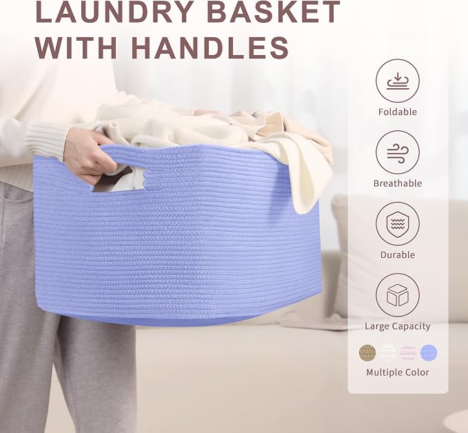 72L Large Woven Laundry Basket Hamper with Handles, Blue Purple | 22"x17"x12", collapsible wicker hamper, storage for dirty clothes, toys, blankets, gifts, living room, bedroom, bathroom
