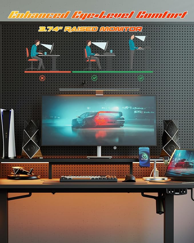 Agilestic 55 x 24 Inch Electric Standing Desk with Shelf, Height Adjustable Desk with Power Outlets & LED, Sit Stand Up Table with Monitor Stand, Computer Workstation, Black
