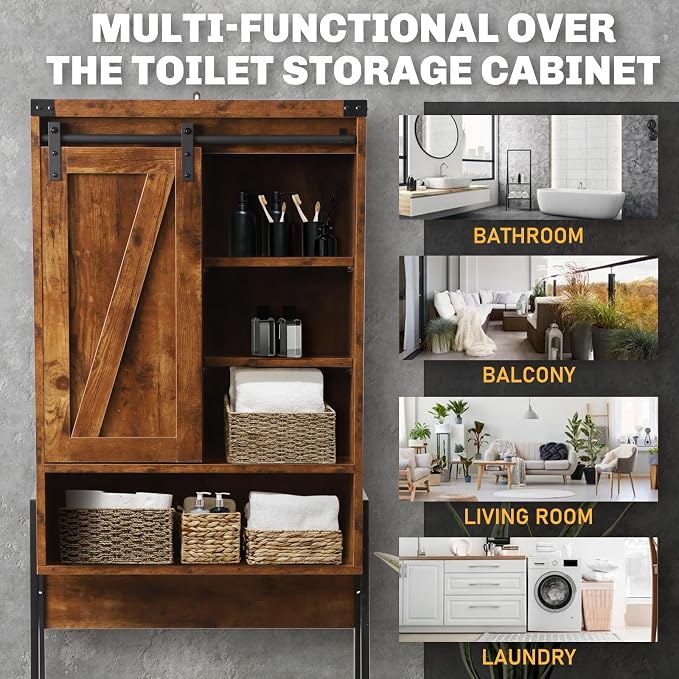 Over Toilet Storage Cabinet with Barn Door & Adjustable Shelves | 24 Inch Wide Bathroom Organizer, Space-Saving, Sturdy Wood, Anti-Tipping, Easy Assembly, for Restroom, Laundry, Small Spaces
