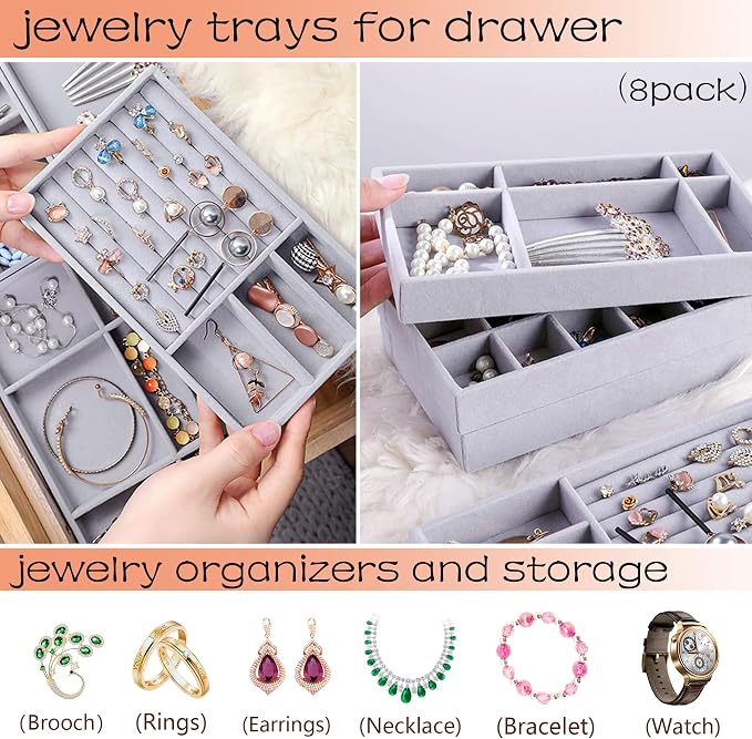 Earring Organizer 8 Stackable Jewelry Tray Drawer Removable Jewellry Storage Display Plate for Earring Rings Necklace Bracelet Watch with Removable Dividers