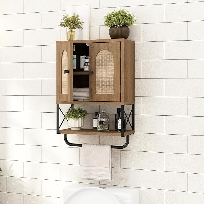 RUSTOWN Rattan Bathroom Wall Cabinet, Boho Over The Toilet Storage Cabinet | Arched Rattan Doors, Modern Medicine Cabinet, Adjustable Shelves, Towel Bar, Rustic Oak