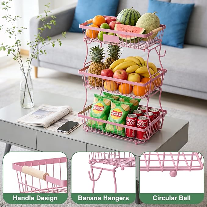 3 Tier Fruit Basket with 2 Banana Hangers, Mesh Basket Fruits Stand Produce Holder Organizer for Onion Potato Bread Snack Veggie Pink