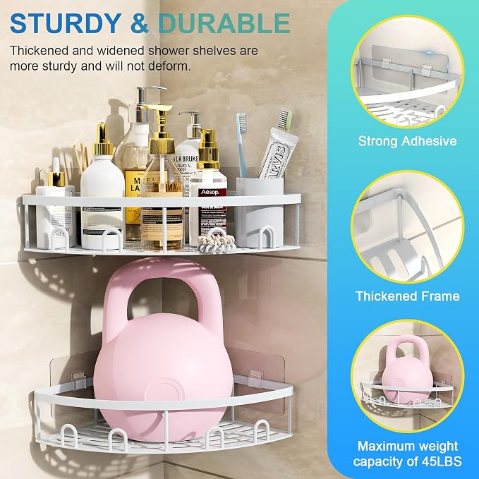 Corner Shower Caddy for Bathroom Storage,White,2 Pack | No Drilling, Rustproof, Adhesive Bathroom Shower Shelves, Wall Mounted