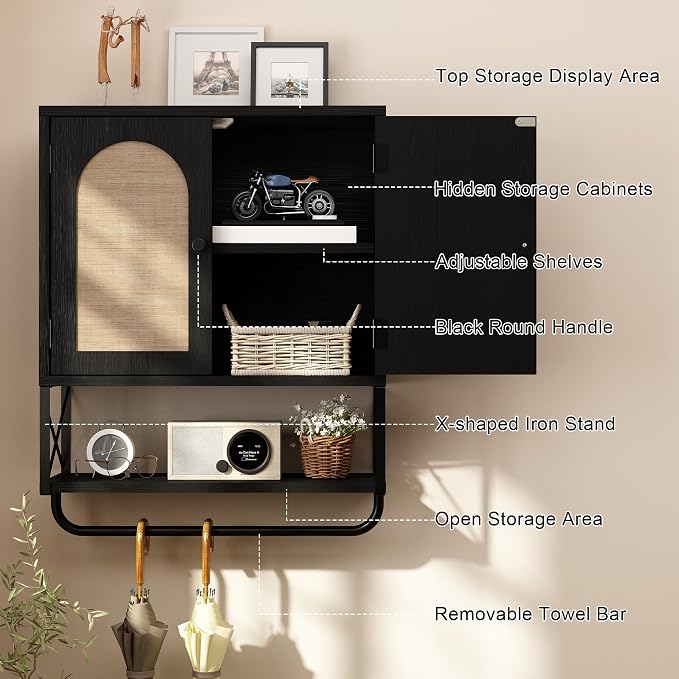 RUSTOWN Rattan Bathroom Wall Cabinet, Boho Over The Toilet Storage Cabinet | Arched Rattan Doors, Modern Medicine Cabinet, Adjustable Shelves, Towel Bar, Black