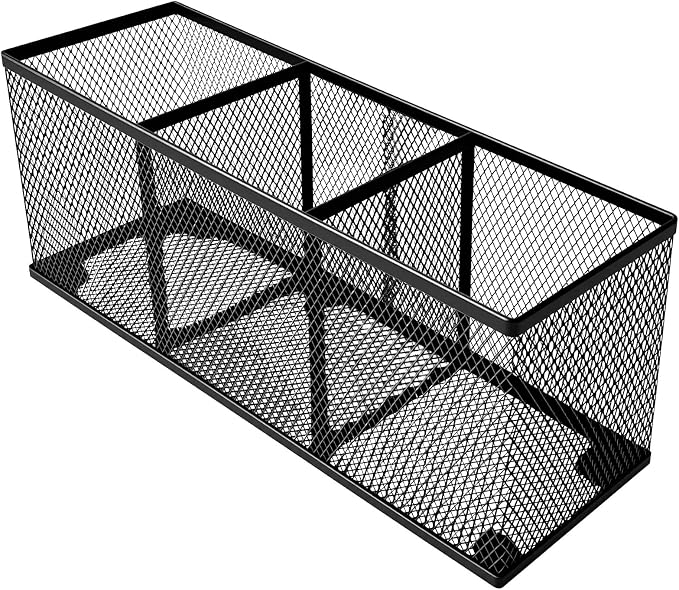 Metal Mesh Pencil Holder, Spacious 3-Compartment Desk Organizer for Pens, Makeup Brushes, Utensils, Multipurpose Office, School ,Kitchen, Home Desktop Storage, 10.43 x 3.35 x 4.04 Inches, Black