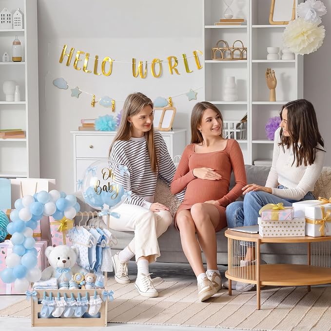 Wooden Baby Shower Crate Closet with Hanger Rack, Blue Bow Baby Gifts Basket with Balloon Accessories, DIY Babies Welcome Box for Pregnancy New Parent