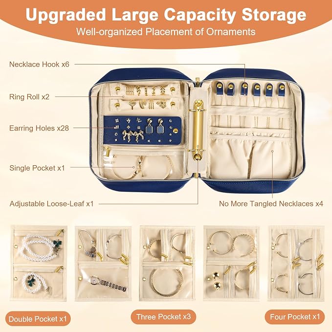 Travel Jewelry Organizer Case for Women, Blue | 5 Zipper Pouches, For Necklaces, For Earrings, For Rings, For Bracelets