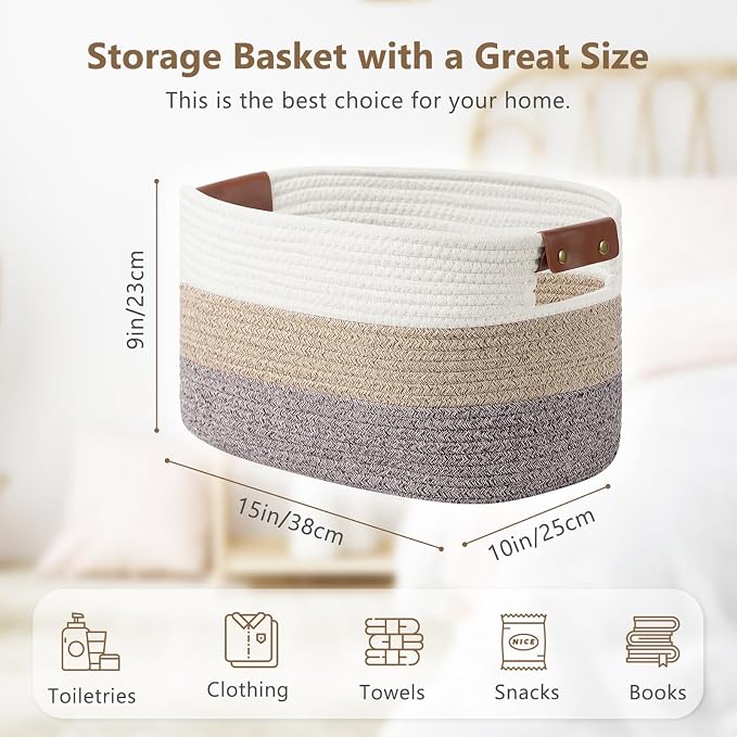 ECDYQXVU 15x10x9 Woven Cotton Rope Storage Basket, Leather Handles 1 Pack | Foldable Design, Sturdy PU Handles, Easy to Clean Organizer for Living Room, Closet, Shelves, Bedroom, Laundry, Clothes