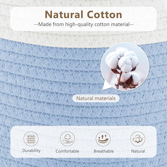 ECDYQXVU 15x10x9 Woven Cotton Rope Storage Basket, Leather Handles 1 Pack | Foldable Design, Sturdy PU Handles, Easy to Clean Organizer for Living Room, Closet, Shelves, Bedroom, Laundry, Clothes