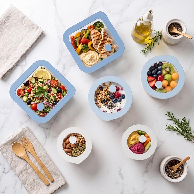 Urban Green Glass Food Container Set with Silicone Glass Lid, Square & Round Shape, 6 Pack, Airtight, LeakProof, 100% Plastic Free, Meal Prep Food Storage Containers, Blue & White Color