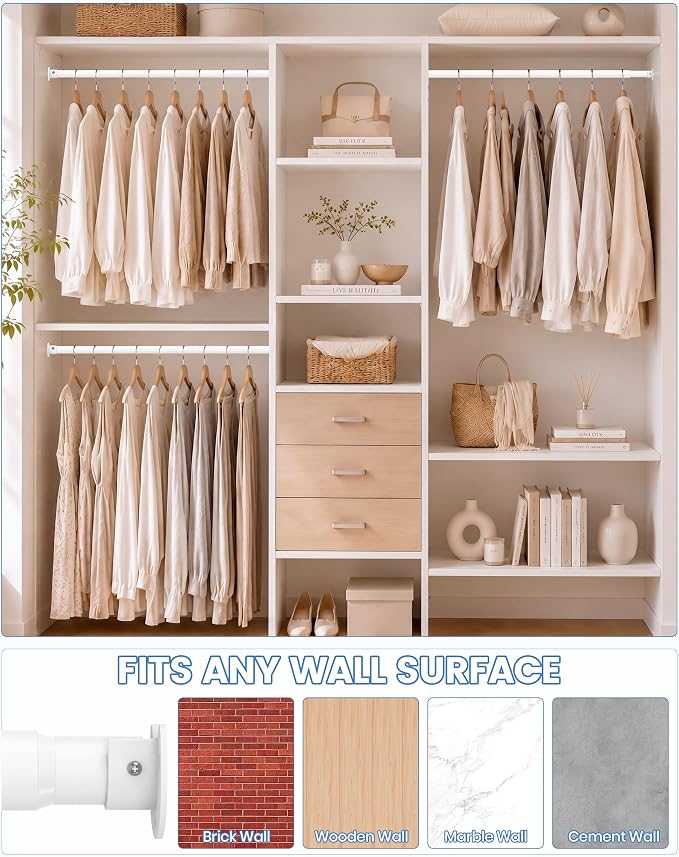 Closet Rod,17-75 Inch,Heavy-Duty Adjustable Closet Rods for hanging clothes | Easy to Install,1.3 Inch Diameter 66 lbs max load,Heavy-Duty Thickened Metal