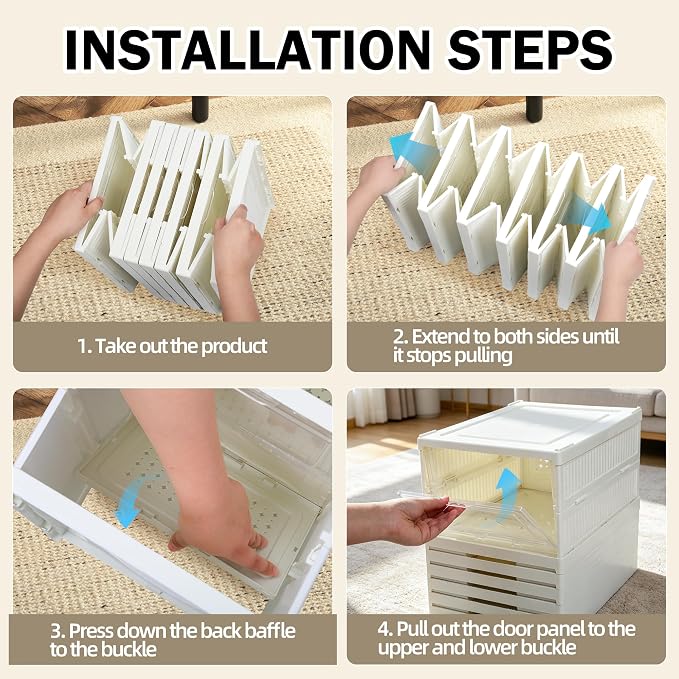 6 Tier Collapsible shoe rack, Drop front shoe box, White | No Assembly, Stackable, Clear Door, Plastic with Lids, Drop Front , Foldable Shoe Storage Box, shoe bin for entryway,