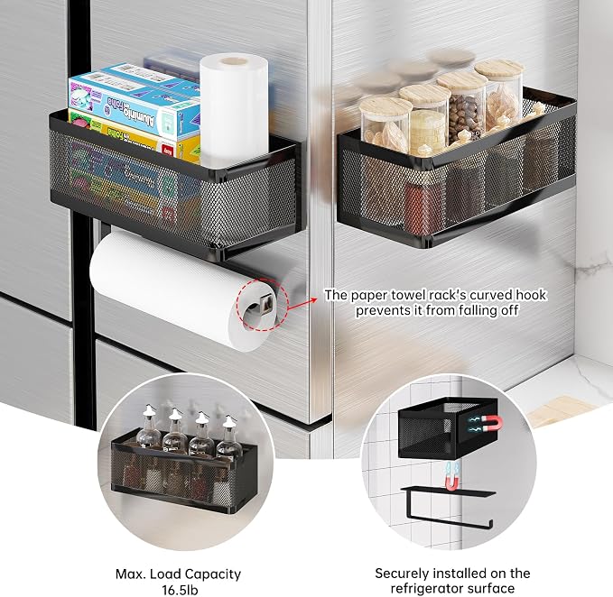 Magnetic Spice Rack for Refrigerator with Magnet Paper Towel Holder, Heavy-Duty Magnetic Shelf for Fridge, 2-in-1 Organization Shelf Sets for Kitchen, Washing Machine & Fridge Side, Black