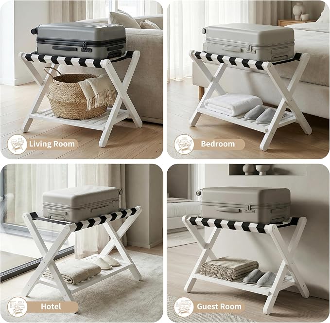 Heybly Luggage Rack for Guest Room,Bamboo Folding Luggage Stand & Suitcase Holder,Suitcase Stand, 5 Heavy-Duty Straps,Holds up to 165 Lbs, Heavy Duty Luggage Rack for Bedroom Hotel, White, HLR013W1