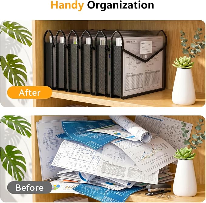 6 Pack Plastic Expanding File Folder, Black File Folder Organizer | Folders for Documents with Snap Closure, Transparent Accordion File Pouch, No Dividers, Large Capacity, Fit Letter/A4 Size