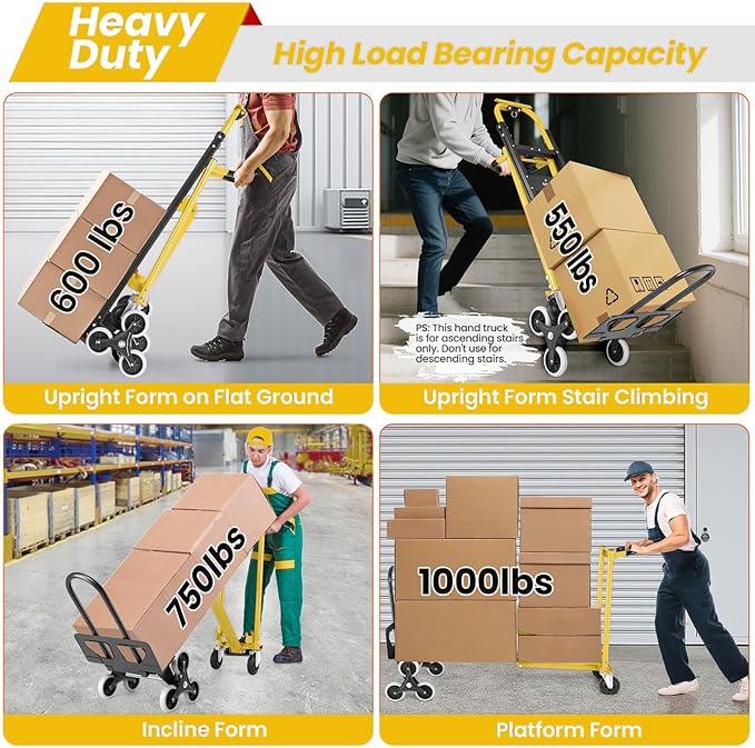 Professional 1000LBS Stair Climbing Hand Truck, Heavy Duty 3-in-1 Aluminum Folding Dolly Cart with Solid Wheels for Office/Moving/Travel (Yellow)