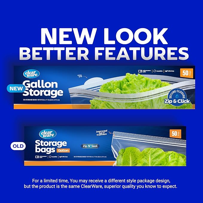 Gallon Storage Bags, Double Zipper Seal - 100 Count, Reusable Thick Food Plastic Storage Bags - Microwave-Safe, Zero BPA - Resealable Containers for Lunch, Snacks, Meals - 2 Boxes