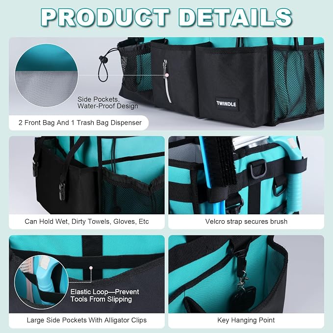 Extra-Large Wearable Cleaning Caddy With Detachable Divider,Cleaning Caddy For Cleaning Supplies Large Cleaning Supply Caddy With Adjustable Shoulder Strap & Waist Belt For Cleaners,Mint Green